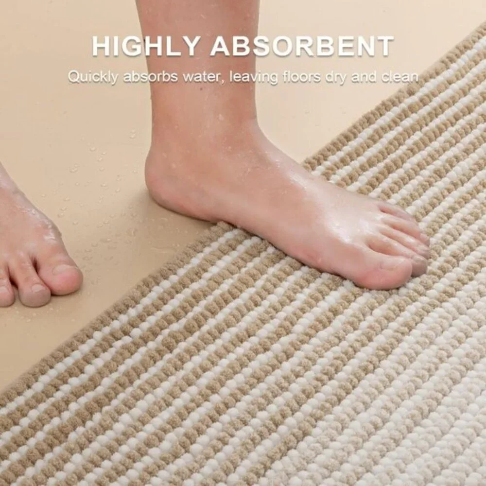 New 2-Piece Beige Bath Rug Set, Absorbent Non-Slip Chenille Mats for Bathroom